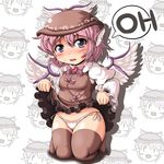  animal_ears bad_id bad_pixiv_id blush brown_legwear curvy dress dress_lift hat kneeling lingerie mystia_lorelei panties pink_hair plump short_hair side-tie_panties solo thighhighs touhou underwear white_panties wings yoriyuki_chiyo 