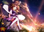  blonde_hair detached_sleeves grass jpeg_artifacts looking_at_viewer moriya_suwako sho_(runatic_moon) smile solo sunset thighhighs touhou yellow_eyes 