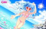  bikini blue_hair cloud day dutch_angle eva_lara flower lens_flare long_hair original red_eyes sky solo sun swimsuit wading water 