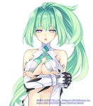  bare_shoulders breasts choujigen_game_neptune cleavage face gauntlets green_hair green_heart large_breasts long_hair midriff navel neptune_(series) official_art ponytail purple_eyes revealing_clothes solo tsunako underboob 