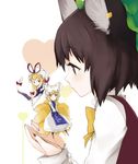  animal_ears bad_id bad_pixiv_id blonde_hair bow brown_eyes brown_hair cat_ears chen earrings fox_tail gap hat hat_ribbon heart jewelry kusano_houki long_hair minigirl multiple_girls multiple_tails nail_polish outstretched_hand profile red_eyes ribbon short_hair tail touhou yakumo_ran yakumo_yukari yellow_eyes 