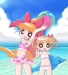  akatsutsumi_kuriko akazutsumi_momoko arms_up ball beachball bikini bow brown_hair cckk dolphin hair_rings inflatable_dolphin inflatable_toy long_hair multiple_girls orange_eyes orange_hair pink_bow ponytail powerpuff_girls_z red_eyes swimsuit v 