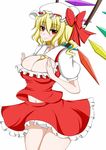  between_breasts blonde_hair breast_squeeze breasts cleavage flandre_scarlet hat hat_ribbon large_breasts navel older panties pantyshot red_eyes ribbon short_hair side_ponytail smile solo touhou underwear white_panties wings zefyu 