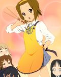  :&lt; =_= akiyama_mio apron bad_id bad_pixiv_id black_hair brown_hair chibi chopsticks hair_ornament hairband hairpin highres hirasawa_yui k-on! kotobuki_tsumugi multiple_girls nakano_azusa ore_deshita school_uniform tainaka_ritsu yellow_eyes 