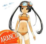  accessory_tan arancia bad_id bad_pixiv_id bikini black_hair cowboy_shot francisco_valle goggles goggles_on_head happy long_hair looking_to_the_side navel original shirt_tan shorts_tan simple_background smile solo standing swimsuit tan tanline twintails white_background 