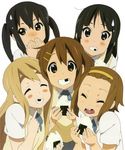  absurdres akiyama_mio artist_request black_hair blonde_hair blue_eyes blush brown_eyes brown_hair closed_eyes covering_mouth eating food grin hair_ornament hairband hairclip highres hirasawa_yui k-on! kotobuki_tsumugi long_hair multiple_girls nakano_azusa official_art onigiri open_mouth school_uniform short_hair skirt smile sweat sweater_vest tainaka_ritsu twintails 