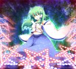  bad_id bad_pixiv_id danmaku detached_sleeves frog green_eyes green_hair hair_ornament hairclip kochiya_sanae magic_circle mountain_of_faith navel sanotsuki snake solo staff star touhou 