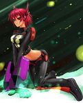  1girl alf874 all_fours animal_ears armor crop_top energy english gauntlets gloves long_sleeves looking_at_viewer midriff navel pants phantasy_star phantasy_star_universe red_eyes red_hair redhead shoes short_hair shoulder_pads smile solo 