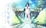  1girl amesarasa black_hair bridge chiyokawa_rin cloud green_eyes highres kantoku legs long_hair sailor_dress school_uniform serafuku shoes shoes_removed skirt skirt_lift sky solo stream tree umbrella very_long_hair wading wallpaper water 