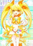  aqua_background bad_id bad_pixiv_id blonde_hair bow choker cure_sunshine eyelashes hair_ribbon heart heartcatch_precure! highres komiyan2005 long_hair magical_girl merulian midriff myoudouin_itsuki navel orange_choker precure ribbon skirt smile solo twintails very_long_hair yellow_bow yellow_eyes yellow_skirt 