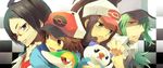  3boys baseball_cap black_hair brown_hair checkered cheren_(pokemon) gen_5_pokemon green_hair hat multiple_boys n_(pokemon) oshawott pokemon pokemon_(creature) pokemon_(game) pokemon_bw snivy touko_(pokemon) touya_(pokemon) tyuraba 