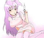  animal_ears breasts bunny_ears bunny_tail garter_belt hotpants_(i'm_hot_yet!) jpeg_artifacts long_hair medium_breasts nurse purple_hair red_eyes reisen_udongein_inaba solo syringe tail thighhighs touhou very_long_hair white_legwear zettai_ryouiki 