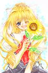  air bad_id bad_pixiv_id blonde_hair blue_eyes flower highres hokuna_rin kamio_misuzu long_hair one_eye_closed ponytail school_uniform solo sunflower 