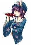  alcohol cup drinking hat highres japanese_clothes kimono purple_hair red_eyes saigyouji_yuyuko sakazuki sake simple_background solo touhou unasaka_ryou 
