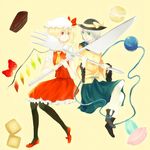  bad_id bad_pixiv_id black_legwear blonde_hair boots bow cake flandre_scarlet food fork fruit green_eyes hat heart holding holding_fork knife komeiji_koishi multiple_girls necktie open_mouth oversized_object pantyhose pastry ponytail red_eyes riku_(kakao100) short_hair side_ponytail silver_hair skirt smile strawberry touhou white_legwear wings 