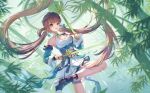  1girl absurdres ankle_belt aqinorz bare_shoulders breasts brown_hair china_dress chinese_clothes dress highres holding honkai_(series) honkai_impact_3rd li_sushang li_sushang_(peregrine_sword) long_hair open_mouth smile solo twintails very_long_hair 