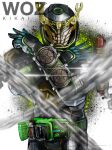  1boy absurdres afterimage beyondriver chain compound_eyes crossed_arms english_text flying_chain gold_eyes highres kamen_rider kamen_rider_kikai kamen_rider_woz kamen_rider_woz_(futurering_kikai) kamen_rider_zi-o_(series) kikai_miridewatch male_focus multicolored_armor open_hands rider_belt upper_body wrench yygnzm 