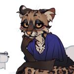 2024 anthro bottomless clothed clothing felid feline female hi_res inner_ear_fluff leopardus looking_at_viewer lostgoose mammal ocelot savishe_(lostgoose) shirt shirt_only sitting_on_toilet solo topwear topwear_only tuft yellow_eyes