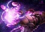  1girl absurdres arm_cannon armor assault_visor elbow_spikes eldevoradordeflanes electricity forehead_jewel glowing helmet highres metroid metroid_prime_4:_beyond perspective pink_visor power_armor power_suit samus_aran shoulder_pads solo space varia_suit weapon 