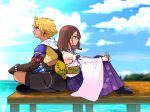  armor back-to-back ball bare_shoulders beads black_boots black_bra black_gloves black_overalls blitzball blonde_hair blue_eyes boots bra breasts brown_hair cloud cloudy_sky couple cropped_hoodie detached_sleeves dock final_fantasy final_fantasy_x full_body gloves green_eyes hair_beads hair_between_eyes hair_ornament hanimitsu_(bisko) hetero heterochromia holding holding_ball hood hood_down hoodie hugging_own_legs indian_style japanese_clothes long_skirt medium_breasts medium_hair midriff nontraditional_miko ocean overalls parted_bangs pleated_skirt purple_skirt shirt short_hair shoulder_armor sitting skirt sky smile tan tidus underwear white_shirt yuna_(ff10) 