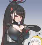  2girls black_bodysuit black_gloves black_hair black_jumpsuit blue_archive bodysuit bow_(bhp) breast_envy breasts cleavage closed_mouth gloves gradient_background hair_ornament halo high_ponytail highres himari_(blue_archive) hood hood_up huge_breasts inconvenient_breasts jumpsuit long_hair looking_down mole mole_under_eye multiple_girls partially_unzipped ponytail red_eyes rio_(blue_archive) rio_(bodysuit)_(blue_archive) undersized_clothes very_long_hair zipper zipper_pull_tab 