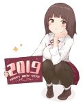  1girl 2019 bangs black_legwear blush breasts brown_eyes brown_footwear brown_hair chin_rest closed_mouth collared_shirt commentary_request dress_shirt eyebrows_visible_through_hair full_body fur-trimmed_footwear fur_trim grey_panties hand_up happy_new_year holding long_hair long_sleeves looking_at_viewer medium_breasts miniskirt neck_ribbon new_year original panties panties_over_pantyhose pantyhose popo_(java_sparrow_512) red_neckwear red_skirt ribbon school_uniform shadow shirt shoes simple_background skirt smile solo sparkle squatting underwear white_background white_shirt 