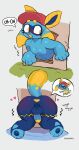 anthro anus aquatic_gastropod balls baseball_cap blue_body blue_skin butt canid canine canis catgenderzz chibi clothing dialogue domestic_dog english_text erection floppy_ears gastropod genitals hat hat_only headgear headgear_only headwear headwear_only hi_res humanoid_genitalia humanoid_penis hybrid male mammal marine mollusk mostly_nude nudibranch nue_(bukkbuggy) open_mouth open_smile penis perineum raised_tail rhinophores sea_slug slug smile solo speech_bubble tail text through_wall wide_eyed yellow_body yellow_skin