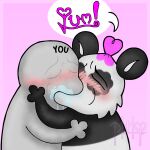 1:1 ambiguous/ambiguous ambiguous_gender anon anthro artist_logo artist_name bear black_body black_fur blush bodily_fluids colored drool_on_face duo eyes_closed french_kissing fur giant_panda heart_hair hi_res holding_each_other humanoid kiss_on_lips kissing logo mammal multicolored_body pammy_(pmy) panda-moan-yum pink_background saliva shaded signature simple_background text white_body white_fur yoshi_and_toad_kissing