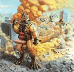 4_claws 4_fingers 4_toes anthro balls biceps biped blackestmanamultis brown_gas brutus_(pyronite) building building_destruction car cbrn chemicals city city_background city_destruction cityscape claws clothed clothing crush destruction dragon erection explosives extreme_size_difference feet finger_claws fingers gas gas_cloud gas_mask genitals gloves grenade handwear hi_res humanoid_genitalia humanoid_penis landscape_dwarfing macro macro_anthro macro_male male mask melting muscular muscular_anthro muscular_male mythological_creature mythological_scalie mythology outside paws penis pyronite(commissioner) rampage scaled_penis scalie size_difference sky solo suit tail teeth toes vehicle vehicle_destruction vein veiny_penis weapon