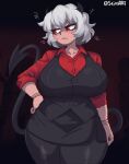  1girl black_horns black_tail black_vest breasts closed_mouth cowboy_shot curvy demon_girl demon_horns demon_tail full_body grumpy helltaker highres horns large_breasts looking_at_viewer malina_(helltaker) pantyhose pixel_art red_eyes red_shirt seireiart shirt short_hair simple_background solo standing tail thick_thighs thighs vest waistcoat white_hair 