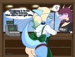 2023 4:3 anthro apron aquilops areola arsenic_iii artist_name bald band_logo barista big_breasts big_butt biped black_clothing black_panties black_shirt black_topwear black_underwear blonde_hair blue_body blue_eyes blue_scales blush bodily_fluids bone_frill breasts butt cash_register cavemanon_studios ceratopsian chelsea_(arsenic_iii) clothed clothed_anthro clothed_female clothing colored dinosaur english_text exhibitionism eyewear face_in_ass fan_character female frill_(anatomy) frilly frilly_clothing frilly_panties frilly_underwear glasses green_apron green_clothing green_hair group hadrosaurid hair hi_res highlights_(coloring) hoodie horn human human_on_anthro interspecies long_hair looking_pleasured male male/female mammal medium_breasts multicolored_body multicolored_scales nipples non-mammal_breasts non-mammal_nipples open_mouth ornithischian ornithopod panties parasaurolophus pink_body pink_scales prehistoric_species public purple_eyes purple_hair question_mark raised_tail rear_view reptile scales scalie shirt side_boob snoot_game speech_bubble stuttering sweat sweatdrop tail talking_to_another tan_body tan_scales text thought_bubble tongue tongue_out topwear trio two_tone_body two_tone_scales underwear white_clothing white_hoodie white_topwear window zephyr_(op_gero)