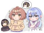  3girls black_hair black_jacket black_shirt blonde_hair blue_hair bob_cut brown_hair cometik_(idolmaster) commentary_request cropped_legs crossed_arms hands_in_pockets highres hood hoodie idolmaster idolmaster_shiny_colors ikaruga_luca ikuta_haruki imitating jacket long_hair looking_ahead looking_at_another multiple_girls shirt signature simple_background sparkle spoken_character straight_hair suzuki_hana sweatdrop v-shaped_eyebrows very_long_hair white_background yellow_hoodie zundasiba8 