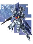  1990s_(style) absurdres beam_rifle character_name commentary_request energy_gun g-saviour_gundam glint gundam gundam_g-saviour highres li_li_li_li_jun machinery mecha mecha_focus mobile_suit no_humans original reaching reaching_towards_viewer redesign retro_artstyle robot science_fiction title v-fin weapon 