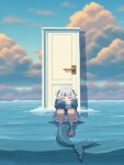  1girl ai-generated animal_hood blue_eyes blue_hair blue_hoodie blue_sky blunt_bangs closed_eyes cloud cloudy_sky door door_handle doorknob fins fish_tail frown furrowed_brow gawr_gura generatornaya grey_hair hair_ornament highres hololive hololive_english hood hoodie horizon knees_together_feet_apart long_hair looking_at_viewer looking_down multicolored_hair ocean outdoors sad shark_girl shark_hair_ornament shark_hood shark_print shark_tail sharp_teeth sitting sky solo streaked_hair tail teeth virtual_youtuber water 