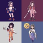  4girls aerith_gainsborough albert_remong bandaged_hand bandages bangle bare_shoulders beads belt black_boots black_choker black_hair black_skirt black_socks blue_background blue_eyes bodysuit boots bracelet braid braided_ponytail breasts brown_boots brown_eyes brown_gloves brown_hair center_opening chibi chibi_only choker closed_mouth crop_top cropped_jacket detached_sleeves dress earrings elbow_gloves elbow_pads final_fantasy final_fantasy_ix final_fantasy_vii final_fantasy_x fingerless_gloves full_body garnet_til_alexandros_xvii gloves green_eyes grey_background grey_belt hair_beads hair_ornament hair_ribbon hand_on_own_hip heterochromia highres holding holding_staff jacket japanese_clothes jewelry light_blush long_dress long_hair long_skirt long_sleeves looking_at_viewer low-tied_long_hair medium_breasts medium_hair midriff miniskirt multiple_girls nontraditional_miko obi orange_bodysuit parted_bangs pink_dress pink_ribbon pleated_skirt puffy_long_sleeves puffy_sleeves purple_background red_boots red_eyes red_gloves red_jacket ribbon ribbon_choker sash shirt sidelocks single_braid single_elbow_pad single_sidelock skirt sleeveless sleeveless_shirt smile socks staff suspenders sweatdrop swept_bangs thigh_strap tifa_lockhart white_shirt wide_sleeves yuna_(ff10) 