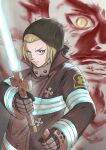  2boys 510_goto absurdres arthur_boyle baggy_pants black_jacket blonde_hair blue_eyes clenched_teeth commentary_request dragon_(en&#039;en_no_shouboutai) en&#039;en_no_shouboutai energy_blade energy_sword firefighter firefighter_jacket hair_slicked_back highres holding holding_weapon hood hood_up jacket lightsaber looking_at_viewer male_focus metal_gloves multiple_boys pants serious slit_pupils smile sword teeth weapon yellow_eyes 
