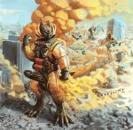 4_claws 4_fingers 4_toes anthro balls balls_outline biceps blackestmanamultis brown_gas brutus_(pyronite) building building_destruction bulge car cbrn chemicals city city_background city_destruction cityscape claws clothed clothing crush destruction detailed_bulge dragon erection erection_under_clothing evil_face explosives extreme_size_difference feet fingers gas gas_cloud gas_mask genital_outline genitals gloves grenade handwear hi_res macro macro_anthro macro_male male mask melting muscular muscular_anthro muscular_male mythological_creature mythological_scalie mythology outside paws penis penis_outline pyronite(commissioner) rampage scalie size_difference sky solo suit tail toe_claws toes vehicle vehicle_destruction weapon