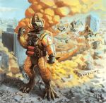 4_claws 4_fingers 4_toes anthro biceps blackestmanamultis brown_gas brutus_(pyronite) building building_destruction car cbrn chemicals city city_background city_destruction cityscape claws clothed clothing crush destruction dragon explosives extreme_size_difference feet fingers gas gas_cloud gas_mask gloves grenade handwear hi_res macro macro_anthro macro_male male mask melting muscular muscular_anthro muscular_male mythological_creature mythological_scalie mythology outside paws pyronite(commissioner) rampage scalie size_difference sky solo suit tail toes vehicle vehicle_destruction weapon