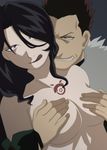  1boy 1girl black_hair breasts brown_hair covering covering_breasts fullmetal_alchemist fur_trim greed greed_(fma) grin grope groping hair_over_one_eye homunculus lust lust_(fma) ouroboros pale_skin purple_eyes sharp_teeth smile spiked_hair tattoo tongue topless wavy_hair 