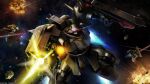  absurdres artist_request asteroid battle beam_rifle cable char&#039;s_counterattack copyright_logo emblem energy_beam energy_gun firing geara_doga geara_doga_kai glowing gundam gundam_battle_operation_2 gundam_msv highres lens_flare machinery mecha mecha_focus mobile_suit no_humans one-eyed realistic robot science_fiction shield shoulder_spikes space spikes star_(sky) sunrise_(company) thrusters vernier_thrusters weapon zero_gravity 