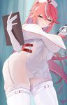  1girl absurdres azur_lane bodystocking breasts changgong8745 clipboard cowboy_shot elbow_gloves franklin_(azur_lane) franklin_(heart-throbbing_records)_(azur_lane) garter_straps gloves hair_between_eyes hat highres holding holding_clipboard indoors large_breasts long_hair mole mole_under_mouth multicolored_hair no_panties nurse_cap official_alternate_costume pink_hair solo streaked_hair thighhighs very_long_hair white_bodystocking white_garter_straps white_gloves white_thighhighs 