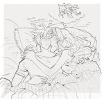  1boy 1girl aerith_gainsborough blanket blush border breasts chibi chibi_inset chocobo cloud_strife couple dress final_fantasy final_fantasy_vii greyscale hair_between_eyes hetero highres hug image_in_thought_bubble kiss kissing_cheek long_hair medium_breasts mmmckayyy monochrome parted_bangs pillow shirt short_hair short_sleeves sketch sleeveless sleeveless_dress spiked_hair t-shirt under_covers upper_body wavy_hair white_border 
