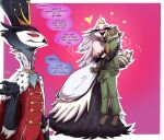 2025 absurd_res anthro avian barely_visible_breasts bird breasts bulge claws clothed clothing colored dialogue dialogue_box english_text eyes_closed feathers female group happy heart_symbol helluva_boss hi_res hug love male motion_lines nervous open_mouth open_smile owl owl_demon red_eyes simple_background smile speech_bubble stella_(helluva_boss) stolas_(helluva_boss) tail tail_feathers teastuff text toe_claws trio white_body white_feathers
