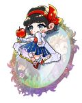  3girls apple black_hair black_robe blue_eyes blue_skirt blush brown_hair cape chibi chibi_only corset crown dress floating food fruit fur-trimmed_cape fur_trim gloves hair_bun hairband hand_on_own_face hanimitsu_(bisko) highres holding holding_food holding_fruit hood hood_up hooded_robe mirror multiple_girls old old_woman purple_dress red_corset red_hairband red_shoes robe shoes short_hair skirt snow_white snow_white_and_the_seven_dwarfs tears white_background white_cape white_gloves 
