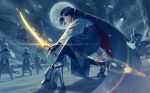  1girl 5health black_cape black_hair blue_eyes cape energy_sword f_(star_wars) full_moon galactic_empire_(star_wars) gun hakama helmet high_heels highres holding holding_gun holding_weapon hood japanese_clothes jewelry lightsaber moon red_cape ring short_hair snow star_wars star_wars:_visions stormtrooper sword weapon yellow_lightsaber 