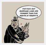 2025 5_fingers anthro bear black_bow_tie black_clothing black_hat black_headwear black_suit bow_tie canid canine cheek_tuft clothing dialogue digit_ring duo english_text eye_patch eyewear facial_tuft fangs fingers five_nights_at_freddy&#039;s fox foxy_(fnaf) freddy_(fnaf) hat head_tuft headgear headwear heart_symbol holding_partner hook hook_hand jewelry male mammal married_couple open_mouth raised_finger ring scottgames smile soulfullhyena suit tail teeth text tuft wedding_ring