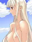  albino beach blonde_hair breasts capcom_fighting_jam cloud day ingrid large_breasts long_hair nipples nude outdoors profile red_eyes sky smile solo tetsu_(kimuchi) upper_body water wet white_hair 