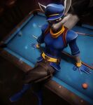 3d_(artwork) bar_chair billiard_table clothing digital_media_(artwork) furniture hi_res humanoid looking_at_viewer male mammal mask on_table pinup pose procyonid raccoon racumbr sitting sitting_on_table sly_cooper sly_cooper_(series) solo sony_corporation sony_interactive_entertainment sucker_punch_productions table