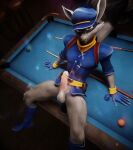 3d_(artwork) bar_chair billiard_table bodily_fluids clothing cum cum_on_face cum_on_penis cum_on_torso digital_media_(artwork) furniture genital_fluids genitals hi_res humanoid humanoid_genitalia humanoid_penis looking_at_viewer male mammal mask on_table penis penis_erection pinup pose procyonid raccoon racumbr sitting sitting_on_table sly_cooper sly_cooper_(series) solo sony_corporation sony_interactive_entertainment sucker_punch_productions table