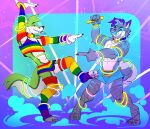 absurd_res anthro armwear black_nose blue_body blue_fur canid canine canis clothed clothing dancing digital_media_(artwork) domestic_dog duo emufu eyes_closed fidget_the_fox fishnet_clothing footwear fox fur glowing glowstick green_body green_eyes green_fur grey_body grey_fur hair hi_res husky kyro_the_husky lazer_lights legwear male male/male mammal multicolored_armwear multicolored_clothing multicolored_footwear multicolored_legwear multicolored_shirt multicolored_socks multicolored_tank_top multicolored_thigh_highs multicolored_topwear nordic_sled_dog partying purple_body purple_fur rainbow rainbow_armwear rainbow_clothing rainbow_footwear rainbow_legwear rainbow_shirt rainbow_socks rainbow_tank_top rainbow_thigh_highs rainbow_topwear rave raving shirt simple_background smile smoke socks spitz tail tank_top thigh_highs topwear white_body white_fur